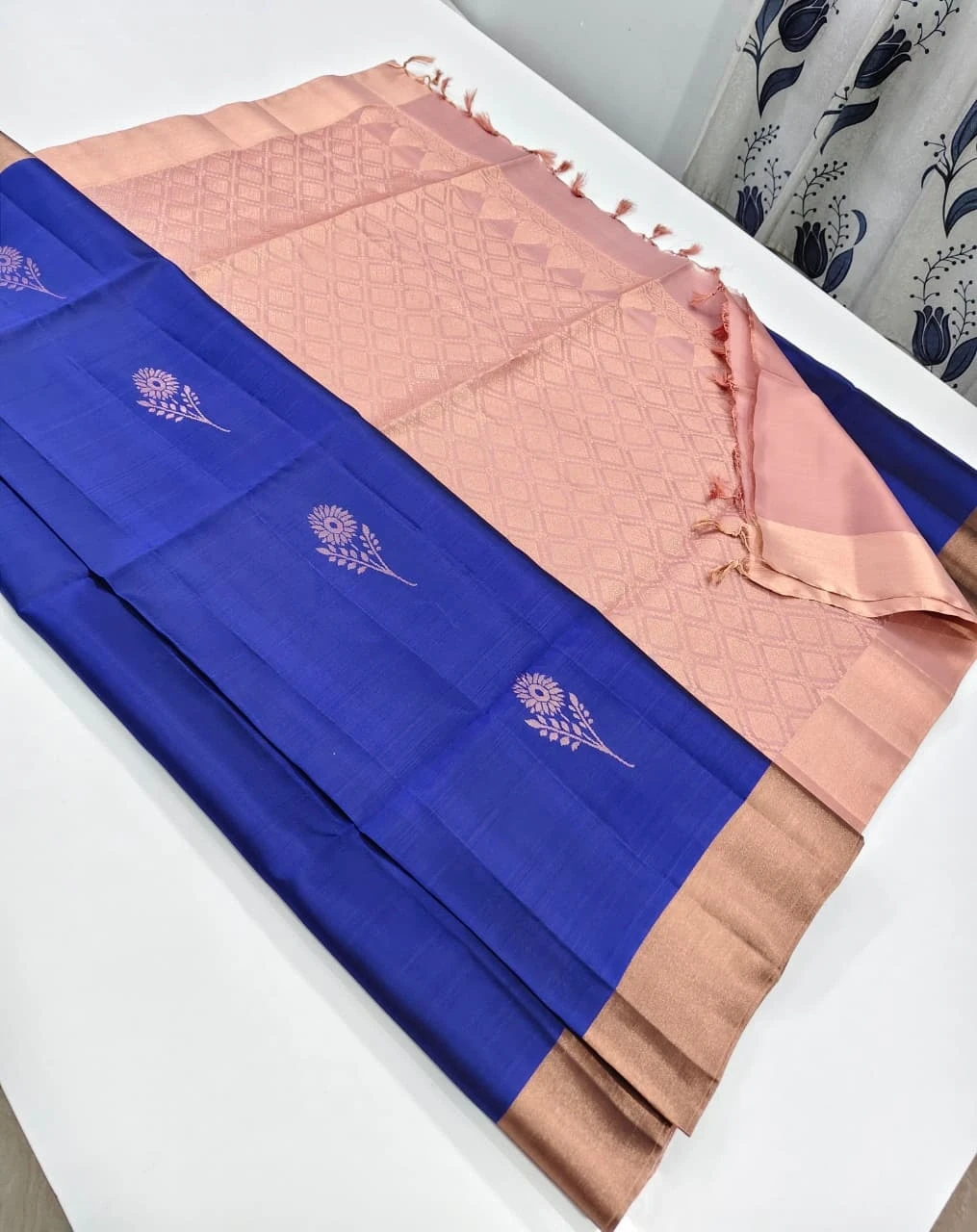 Blue Floral Buttas and Geometric Pallu Saree